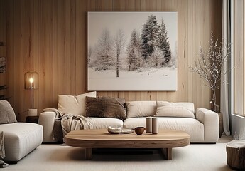 A minimalist, modern living room with large windows, light wood accents, and white walls.