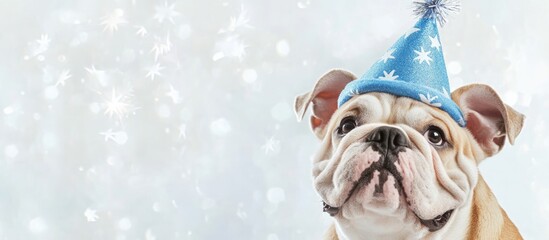 Bulldog wearing blue party hat with snowflakes and blurred background with copy space for text