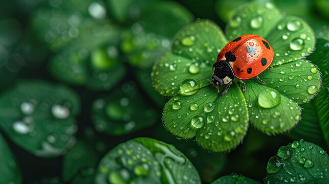 Lady bug on four-leaves clover, closeup green background