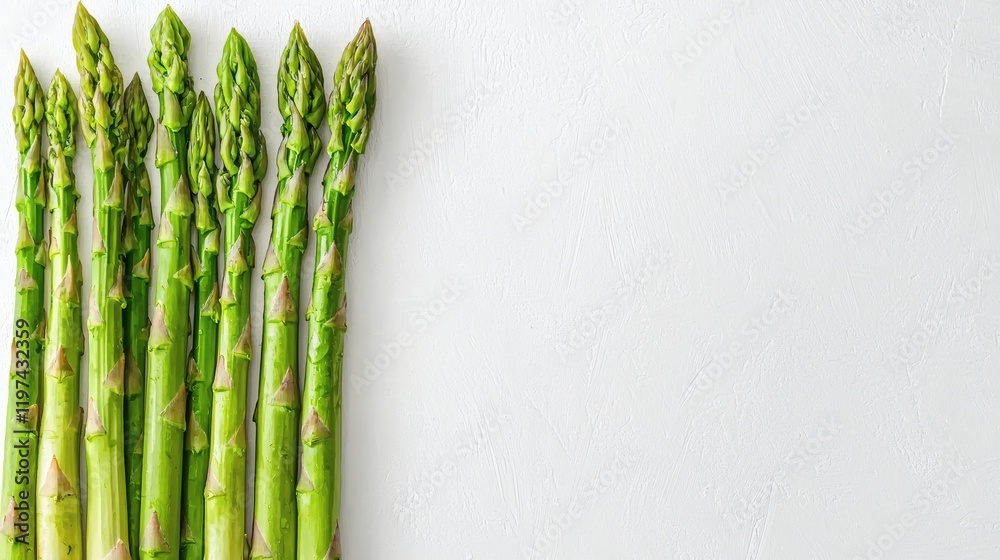 Poster Isolated on white background asparagus spears placed vertically in a glass container for a fresh and modern aesthetic Stock Photo with side copy space