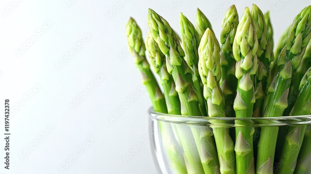 Poster Isolated on white background asparagus spears placed vertically in a glass container for a fresh and modern aesthetic Stock Photo with side copy space