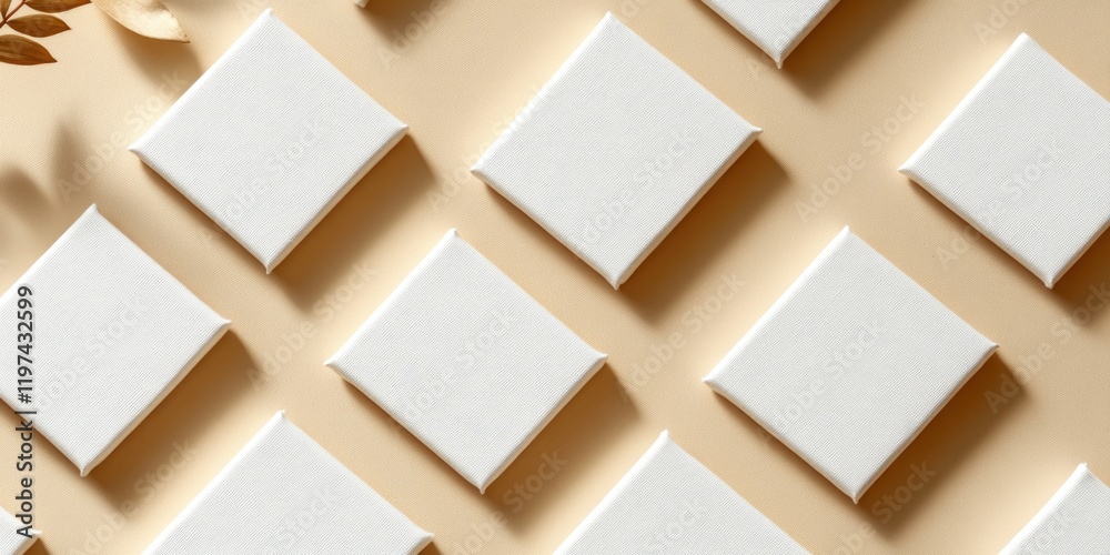 Poster white blank canvases arranged in a grid pattern on a beige background with copy space for text or br