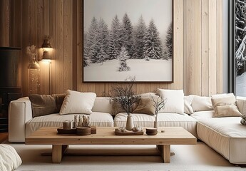 A minimalist, modern living room with large windows, light wood accents, and white walls.