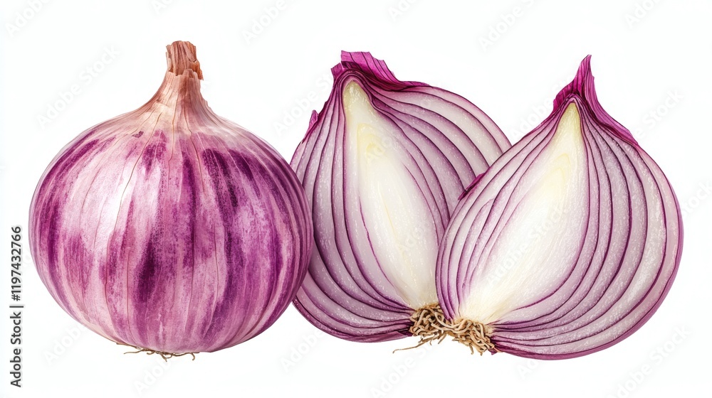 Poster isolated of a single onion placed on a white background showcasing smooth skin and vibrant color sto