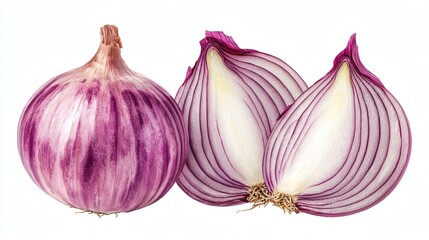 Isolated of a single onion placed on a white background showcasing smooth skin and vibrant color Stock Photo with side copy space