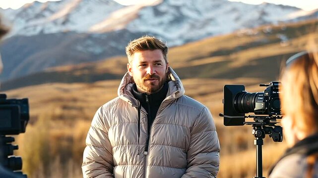 Film Director Giving Instructions on Outdoor Set with Mountains