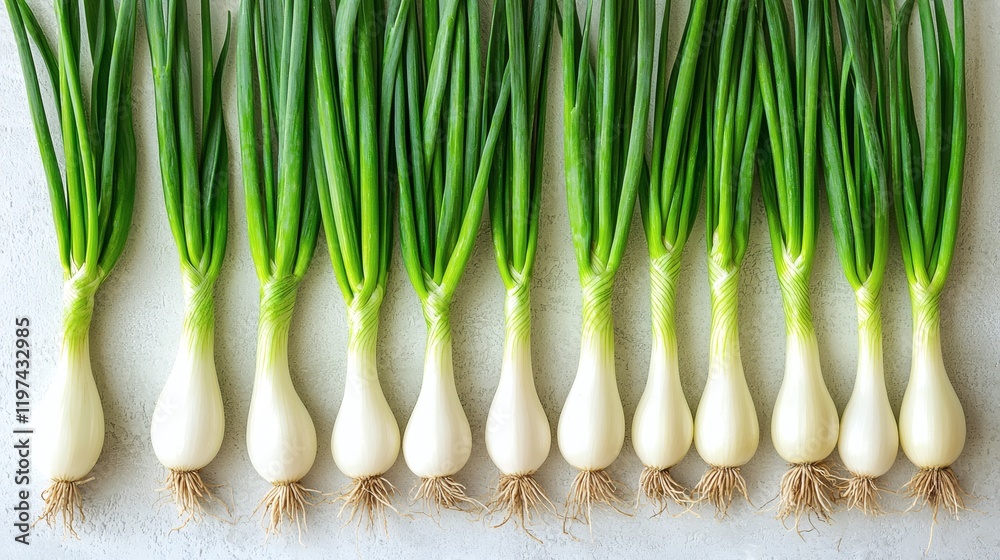 Poster Isolated of a group of fresh onions arranged neatly on a white surface highlighting natural textures Stock Photo with side copy space