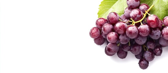 Fototapeta premium Fresh red grapes with green leaves on white background, horizontal composition with ample copy space for text placement.
