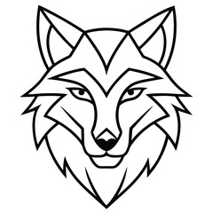 A minimalist line art design of a wolf head, showcasing sharp angular lines and flowing curves to highlight the wolf's fierce and majestic features, with piercing eyes and a symmetrical composition, a