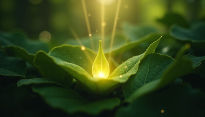 Glowing leaf emerging among green foliage