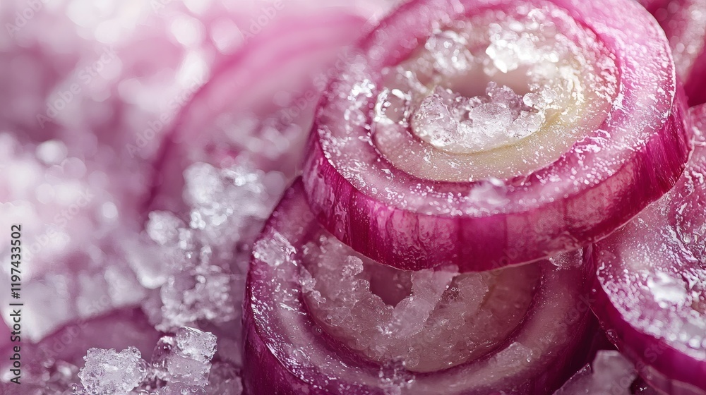 Poster Isolated of sliced onions revealing delicate layers and juicy texture on a pristine background Stock Photo with side copy space