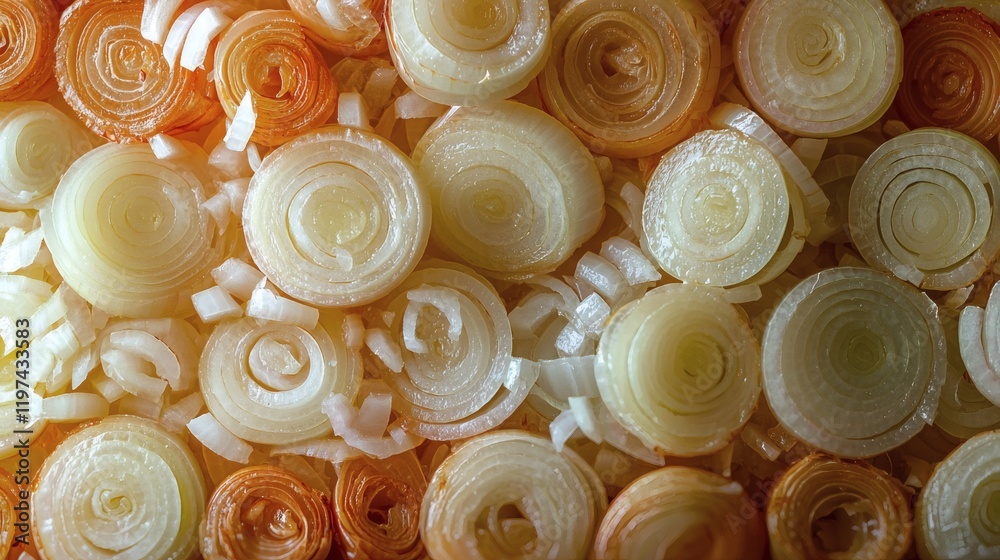Poster Isolated of sliced onions revealing delicate layers and juicy texture on a pristine background Stock Photo with side copy space