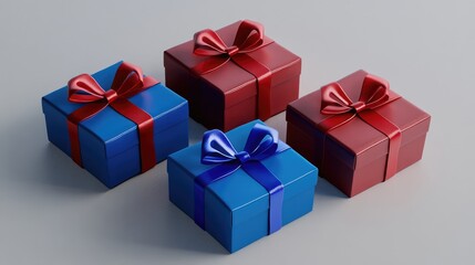 Gift boxes in red and blue with ribbons arranged in a dynamic layout, studio setting