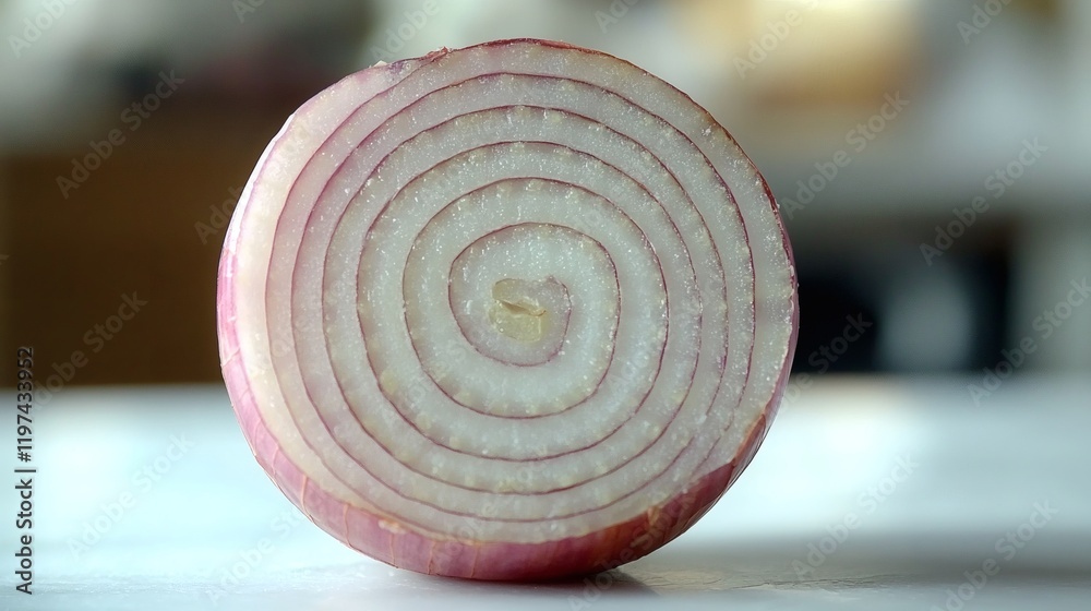 Aufkleber Isolated of a whole onion cut in half displaying inner rings on a plain white background Stock Photo with side copy space