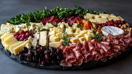 Assorted gourmet cheeses and charcuterie platter featuring yellow, white, and dark cheeses, cured meats, garnished with fresh herbs on a round slate board.