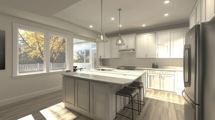 Fototapeta premium modern kitchen design bathed in natural light, featuring white cabinets, a large island, and stunning autumnal views from the window.