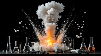 Chemistry lab scene. Explosive chemical reaction with smoke and flames from laboratory glassware.