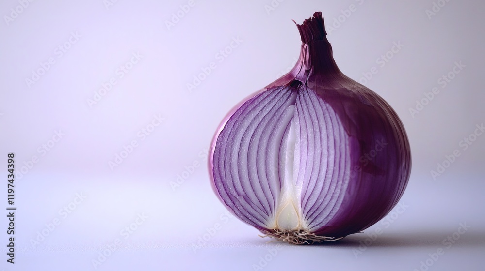 Aufkleber Isolated of a whole onion cut in half displaying inner rings on a plain white background Stock Photo with side copy space