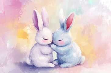 Cute cartoon-style drawing of two bunnies in love, with a pink background