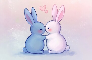 Obraz premium Cute cartoon-style drawing of two bunnies in love, with a pink background