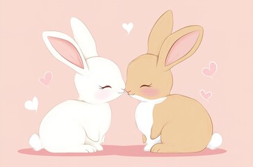 Obraz premium Cute cartoon-style drawing of two bunnies in love, with a pink background
