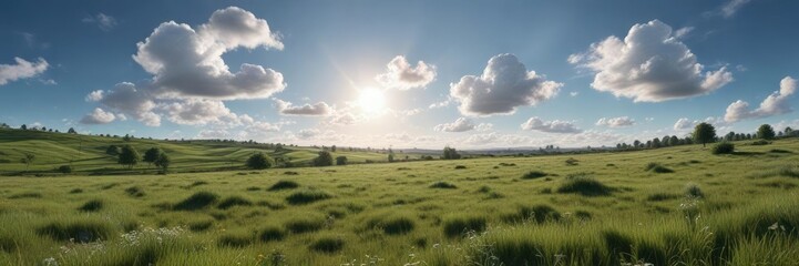 A beautiful countryside landscape with a clear blue sky and few white clouds scattered across the horizon , clear blue sky, beautiful countryside