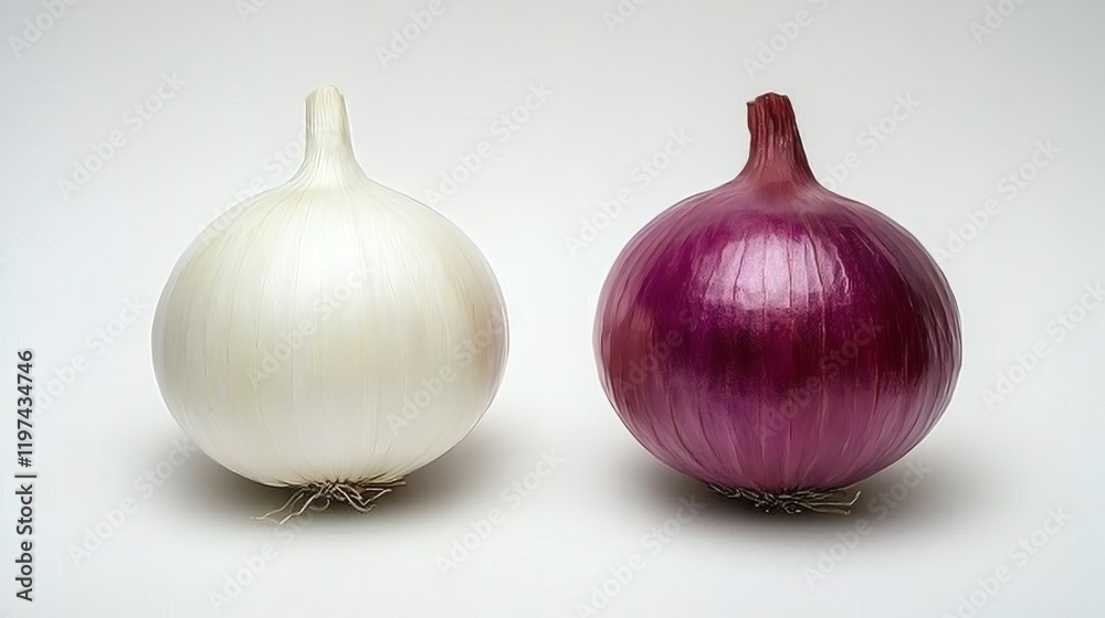 Poster isolated of red and white onions arranged side by side for a striking contrast stock photo with side