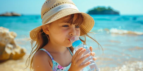 Staying hydrated concept, little child girl drinking water from bottle on sunny beach to stay refreshed and beat the summer heat