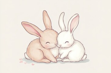 Obraz premium Cute cartoon-style drawing of two bunnies in love, with a pink background
