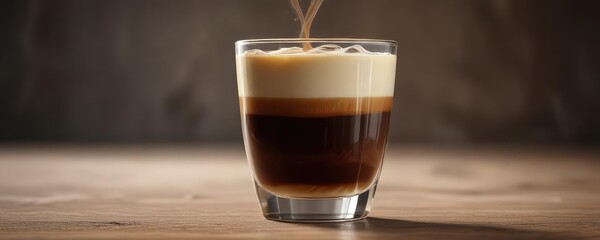 A beautifully crafted glass of coffee with a layered milk and coffee texture, liquid, beverage