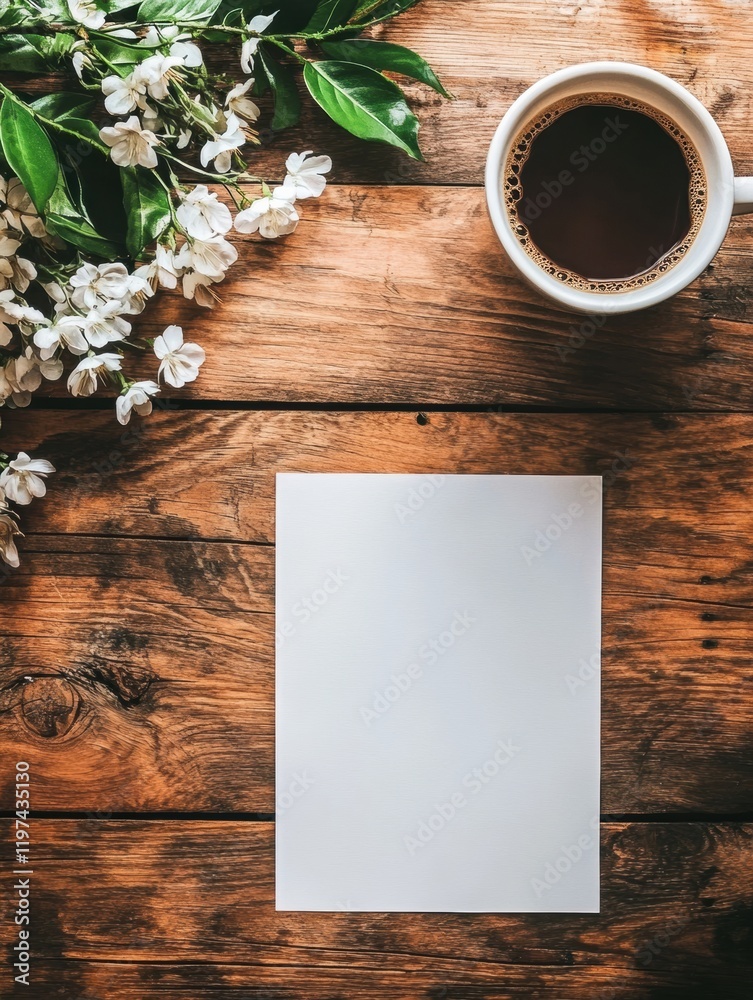 Poster blank paper on rustic table with coffee cup and flowers ready for writing messages or notes in a coz