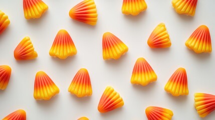 Assorted candy corn pieces scattered on a white background for Halloween decoration or celebration.