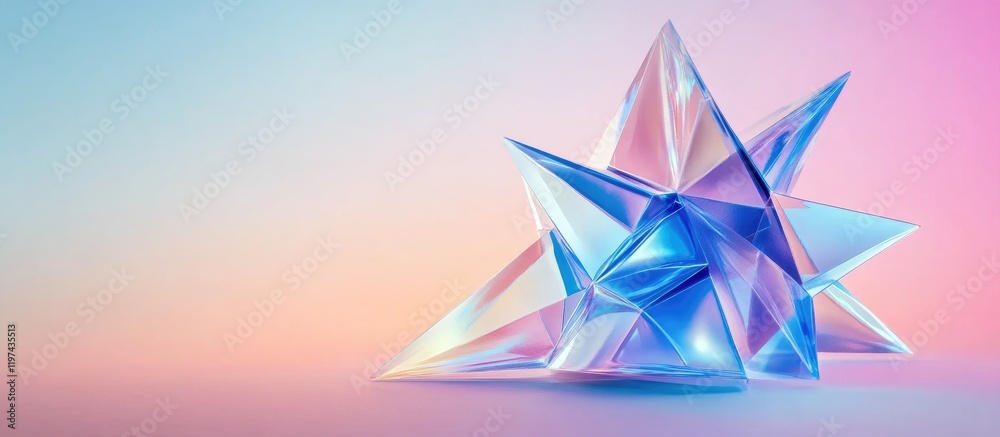 Sticker geometric crystal shapes on gradient pastel background with copy space for text placement