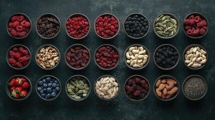 Variety of Healthy Superfood Snacks in Bowls: Dried Fruits, Nuts, Seeds, Berries