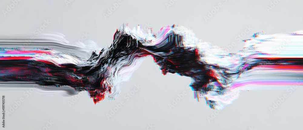 Poster glitch effect creating distorted data with vibrant colors and a fragmented appearance