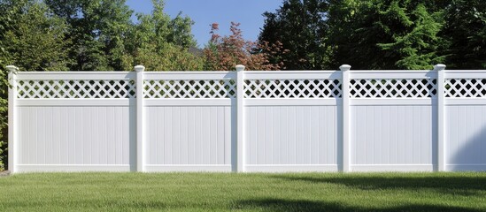 White vinyl privacy fence with lattice top against green trees and blue sky in a well-maintained garden Copy Space