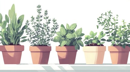 Variety of potted herbs including oregano and thyme on a shelf with natural light