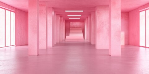 Obraz premium Modern minimalist interior with pink concrete walls, spacious layout, large windows, and stairway, featuring ample copy space for text.