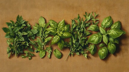 Various green herbs: mint, basil, parsley, thyme on brown surface background
