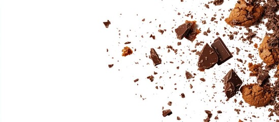 Chocolate crumbs and pieces scattered on white background with ample Copy Space for text placement