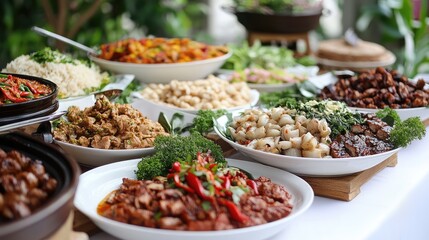 Obraz premium Variety of colored homemade dishes arranged on a white table with greenery in the background, focal dishes in vibrant bowls.