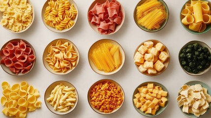 Variety of Freshly Made Pasta Types in Bowls on a Light Table Surface