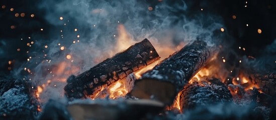 Burning logs with sparks and smoke in a campfire setting providing Copy Space for text placement