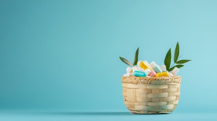 Fototapeta premium Assorted colorful pills and medicines in a wooden basket with green leaves on a blue background promoting online pharmacy and health concept