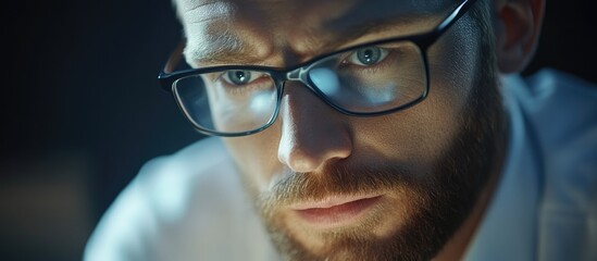 Close-up portrait of focused businessman with glasses in low light environment, engaging in work, Copy Space available.