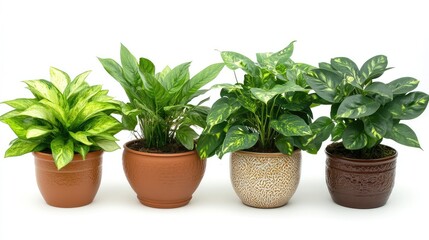 Fototapeta premium Indoor plants displayed in various decorative pots, featuring green foliage and diverse pot designs, arranged in a line.