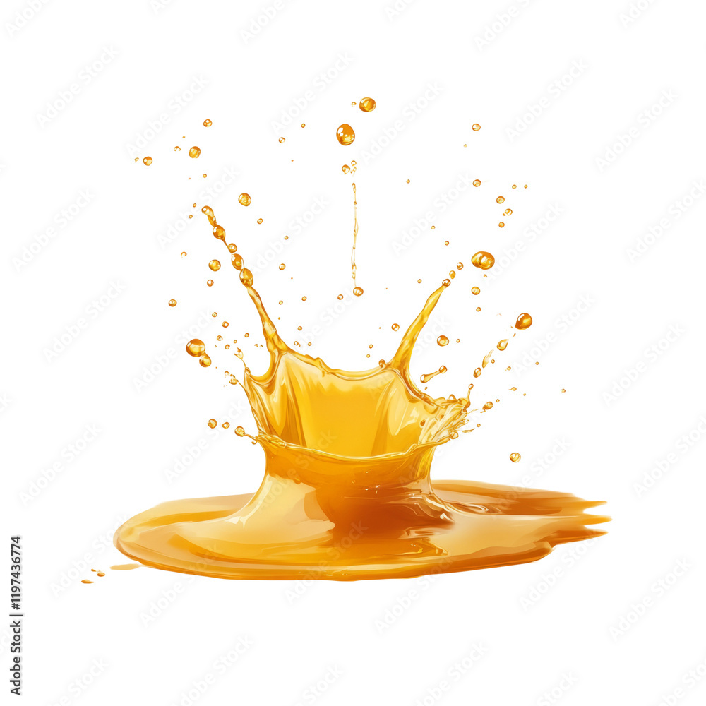 Poster A dynamic splash of golden liquid creates a crown-like shape with droplets and ripples on a black background.