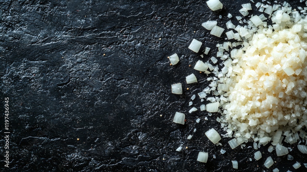 Poster Isolated of finely chopped onions arranged neatly for culinary preparation Stock Photo with side copy space