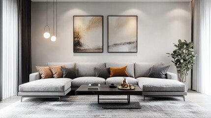 A luxurious living room with a gray sectional sofa, a sleek coffee table, and abstract wall art in muted tones.
