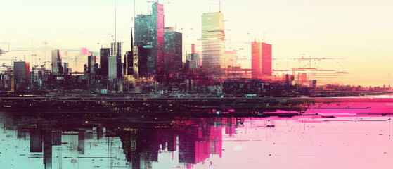 Obraz premium Glitch effect showcases distorted urban architecture in vibrant colors at sunset